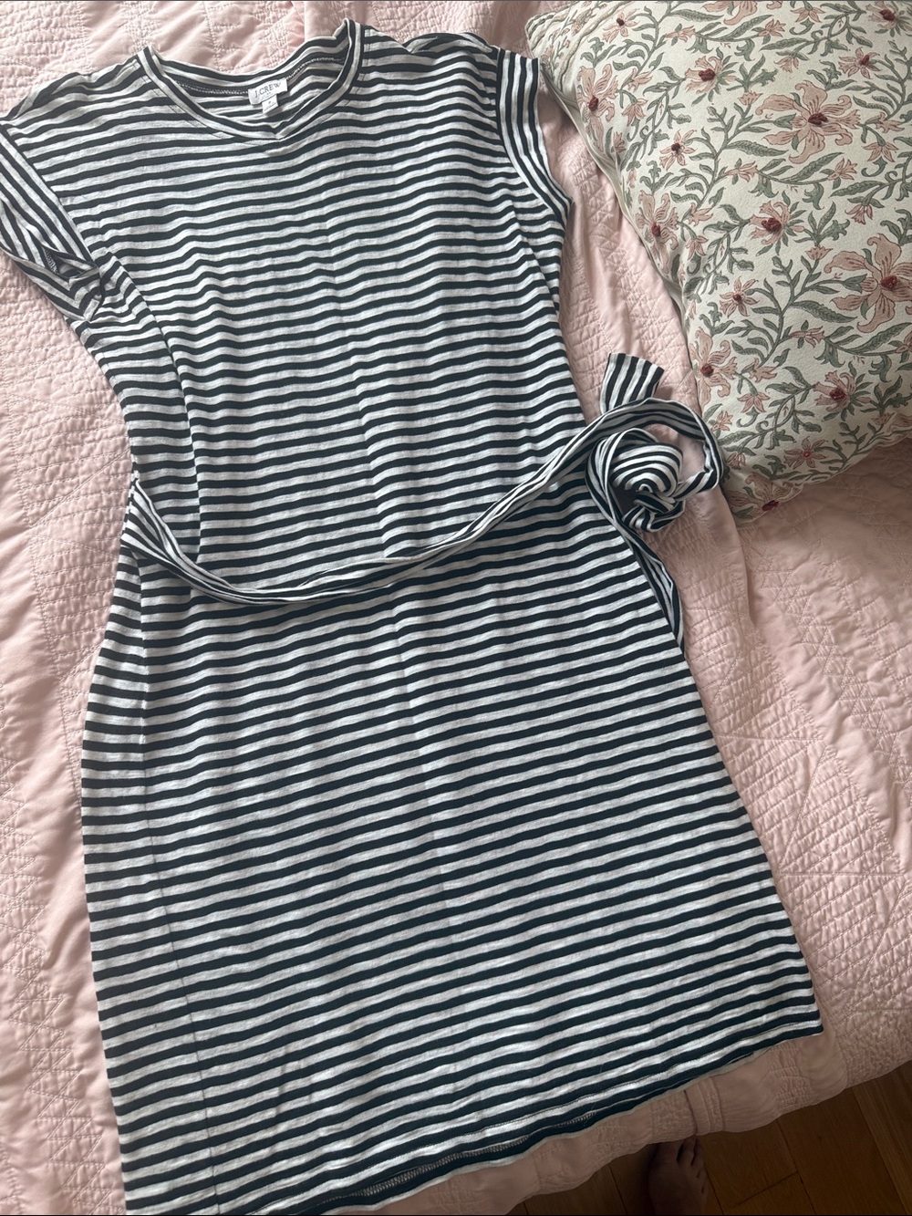 J. Crew Black and White Striped Knit Midi Dress with Waist Tie